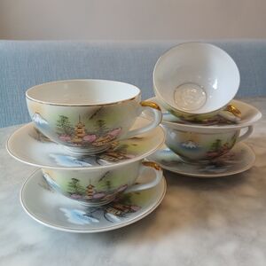 Set of 4 Vintage Lithophane Geisha Japanese Teacups & Saucers